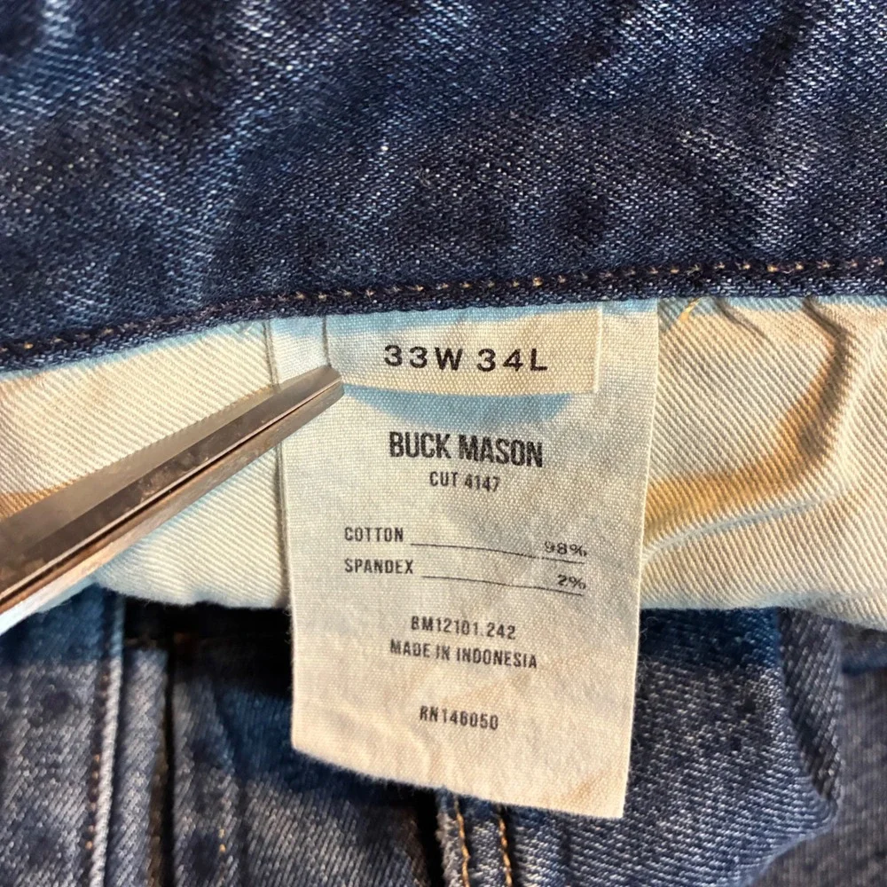 Buck Mason Maverick Slim Jeans Mens 33x34 [Fits 33x33] Button Fly Double Dipped